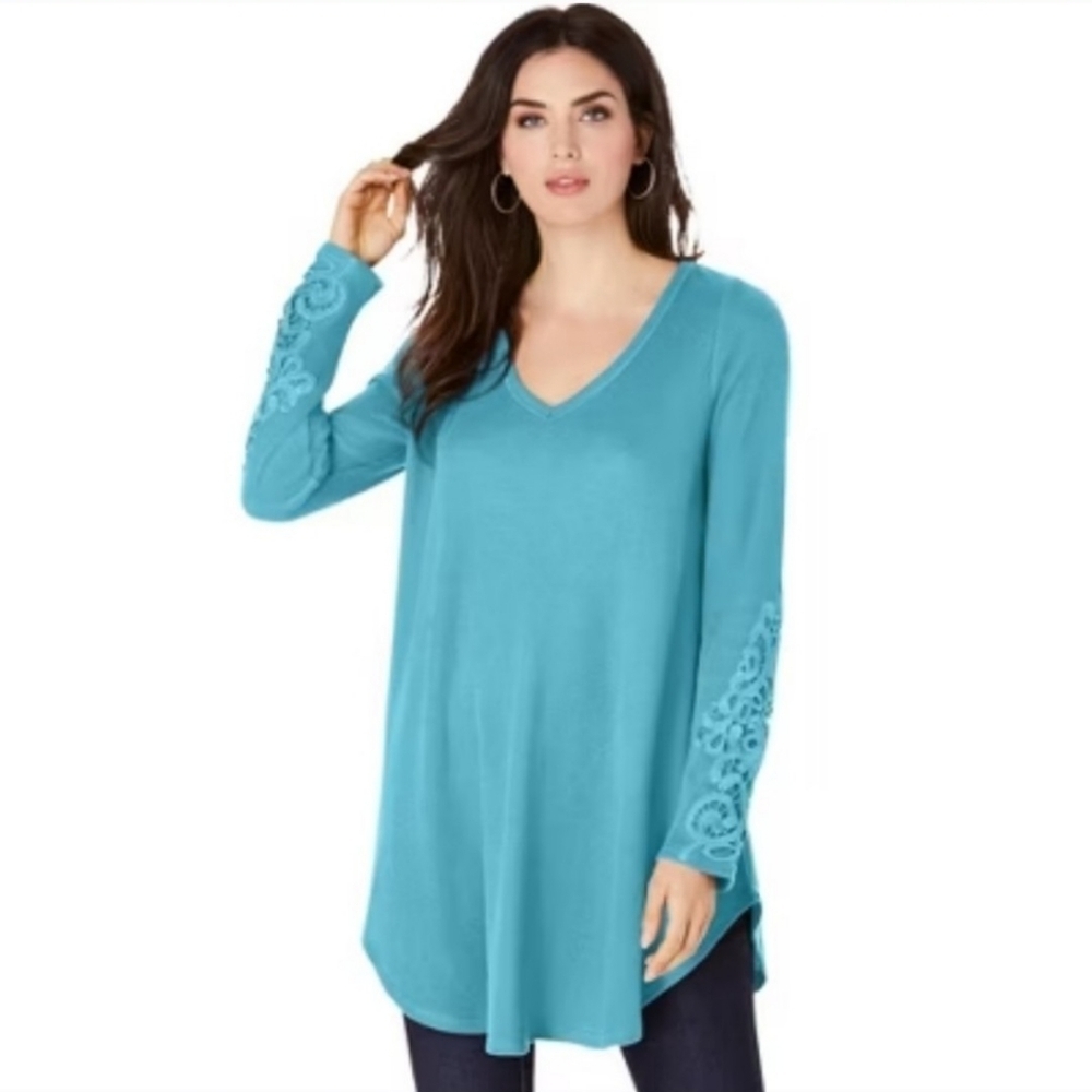 Roaman's Women's Teal Top Lace Detailing Thermal Ribbed Tunic Summer Plus Size